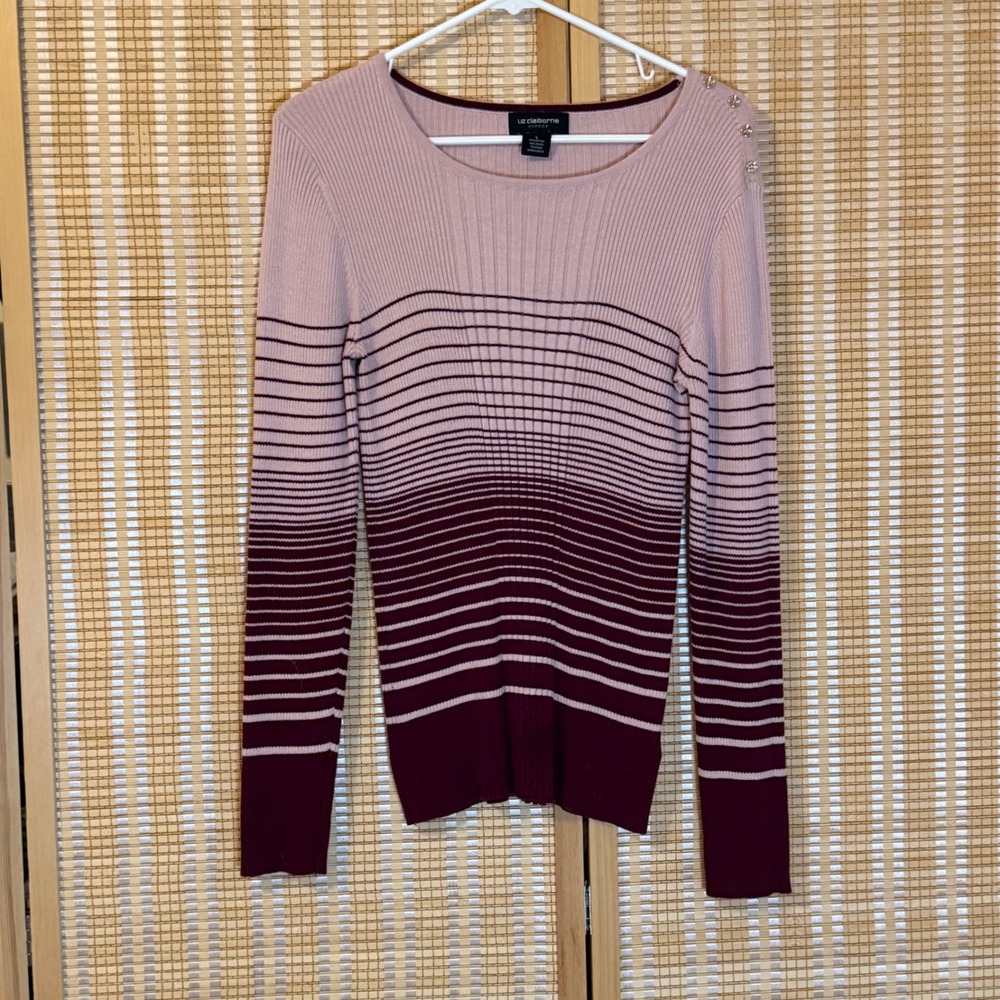 Liz Claiborne Career Womens Pink Burgundy Striped Ribbed Sweater L Preppy Work